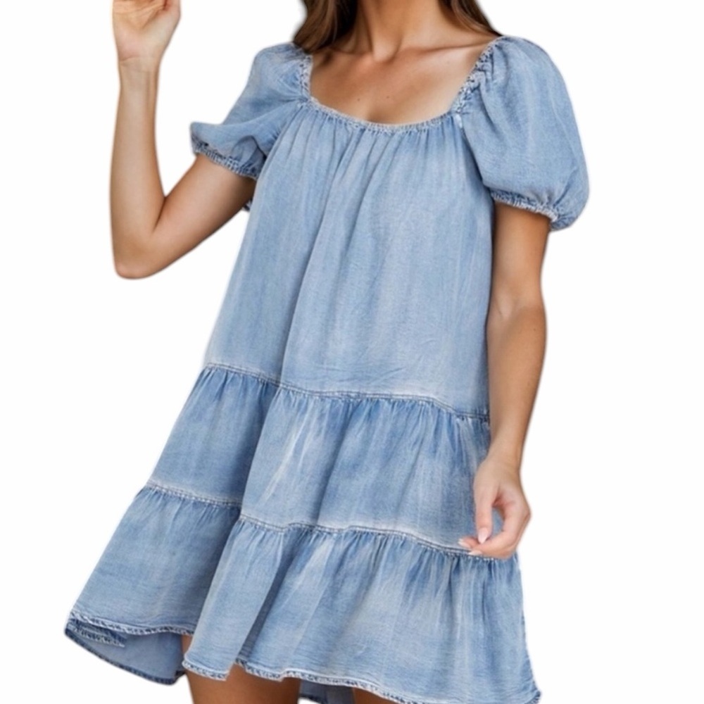 MUSTARD SEED Square Neck Puff Sleeve Denim Dress Acid Wash Mini Dress Large VGC